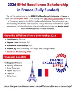 Eiffel Excellence Scholarship 2026 in France | Fully Funded Master’s & PhD