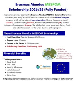 Erasmus Mundus MESPOM Scholarship 2026/28 (Fully Funded) – Study in Austria, Sweden, UK & Greece