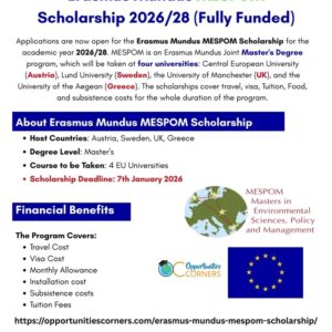 Erasmus Mundus MESPOM Scholarship 2026/28 (Fully Funded) – Study in Austria, Sweden, UK & Greece